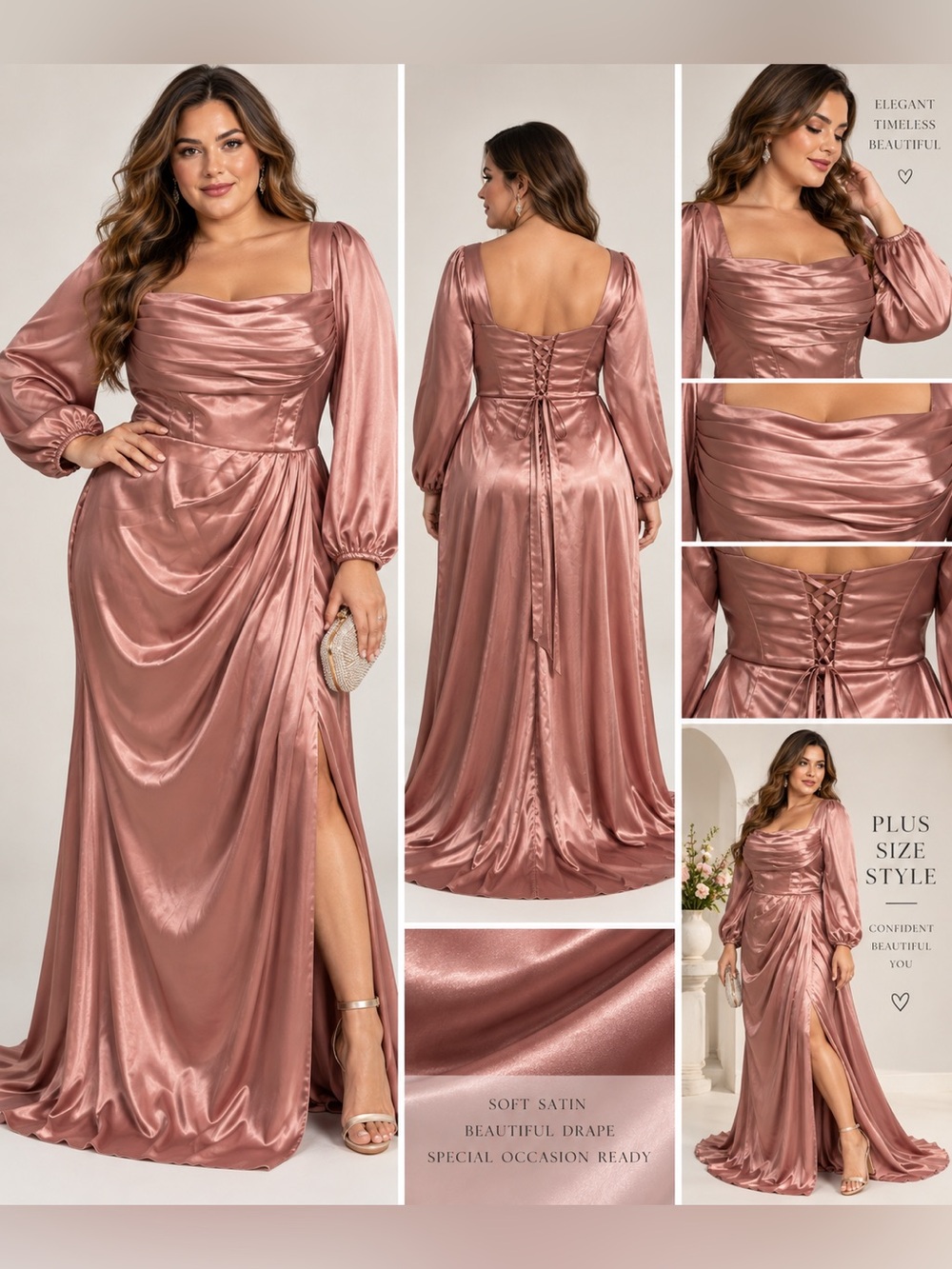 Wear Your Love 16W Rose Gold Satin Corset Long Sleeve Formal Gown NWT